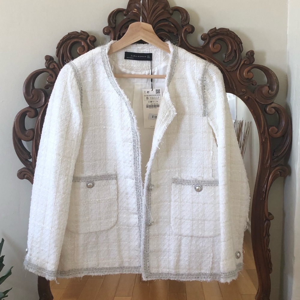 Zara White Tweed Blazer White Small
